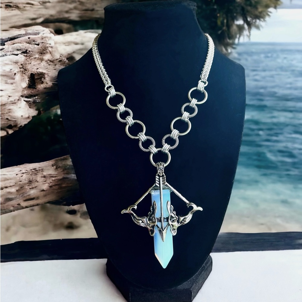 Maille links stainless steel necklace bow & arrow purple opalite stone charm - Picture 6 of 11